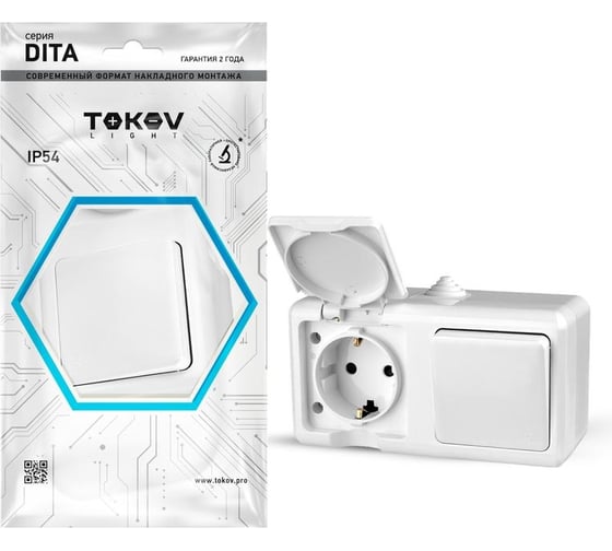 Изображение товара Блок оп TOKOV ELECTRIC dita (розетка 16а 250в с заземл. + 1-кл. выкл. 10а) ip54 бел. TKL-DT-V1RZ-C01-IP54