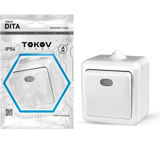 Изображение товара Выключатель TOKOV ELECTRIC 1-кл. оп dita ip54 10а 250в с индикацией бел. TKL-DT-V1I-C01-IP54