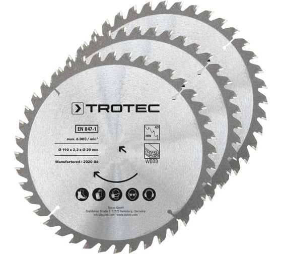 Изображение товара Набор дисковых пил по дереву (3 шт.; 190х20 мм; 40 зубьев) TROTEC 6215001331