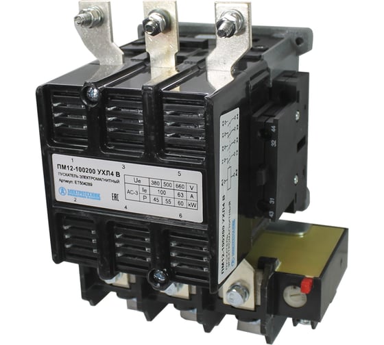 Изображение товара Электромагнитный пускатель Электротехник ПМ12-100200 УХЛ4 В, 380В/50Гц, 2з и2р, 100А, нереверсивный, с реле РТТ-325 85- 115А, IP00, ET504289