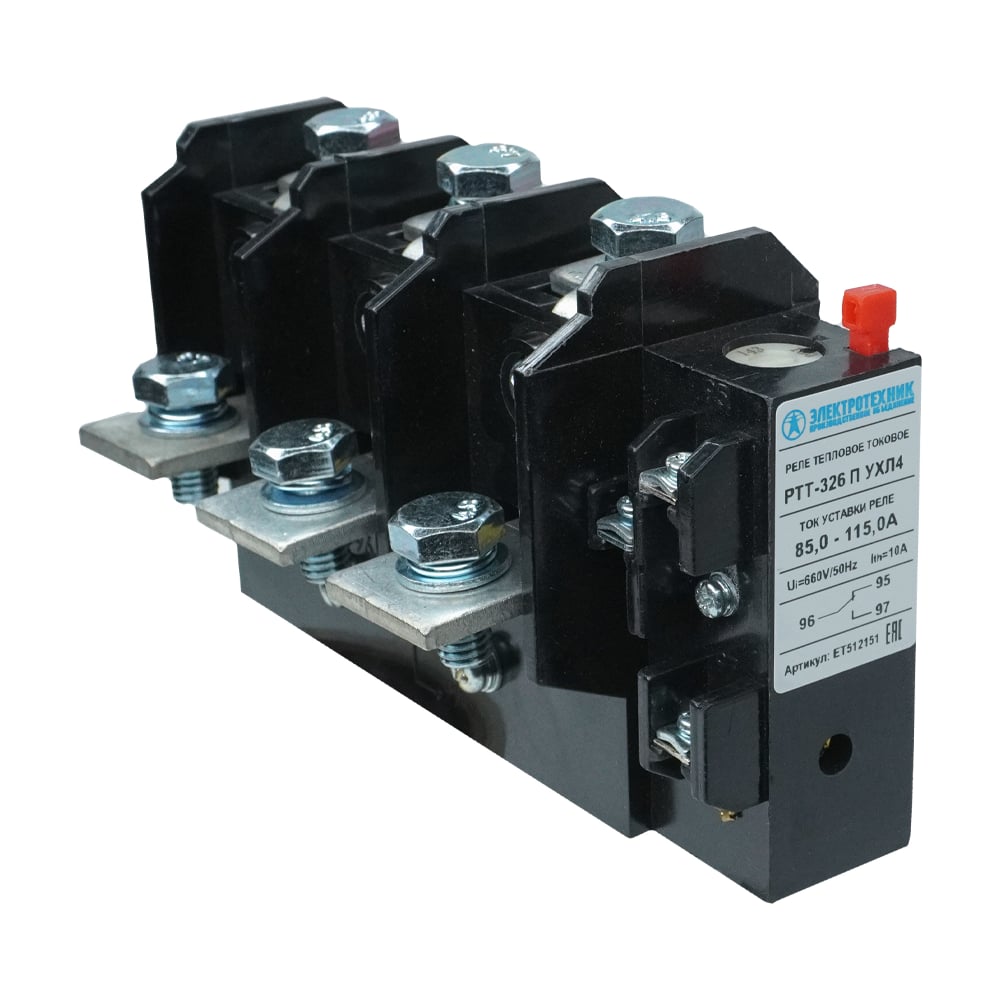 Изображение товара Электротепловое токовое реле Электротехник РТТ-326 П УХЛ4, 100А, 85,0 - 115,0А, 660В/50Гц, 1з и 1р, ручной возврат, IP00 ET512151