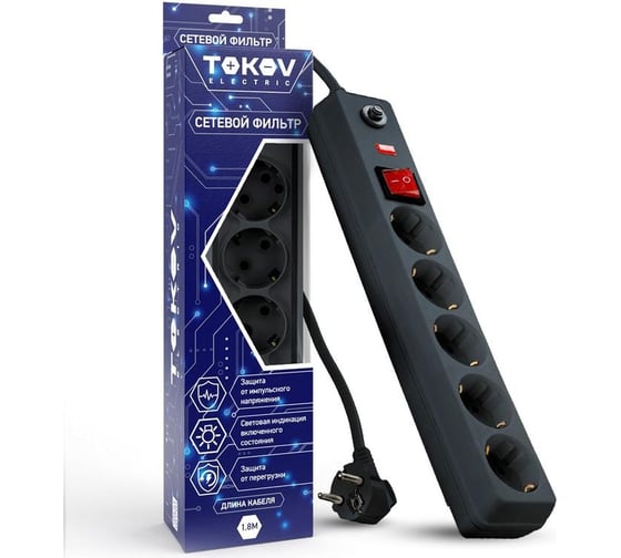 Изображение товара Удлинитель с сетевым фильтром TOKOV ELECTRIC 5x1.8м с заземл. с выкл. 16а с защ. от скачков напр. и перегрузок 3x1 сер. TKE-C06-SF5-1.8-ZV