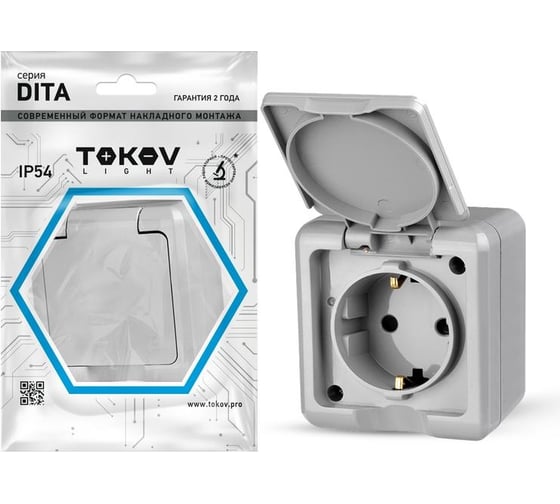 Изображение товара Розетка 1-м TOKOV ELECTRIC оп dita 16а ip54 250в с заземл. с крышкой сер. TKL-DT-R1Z-C06-IP54