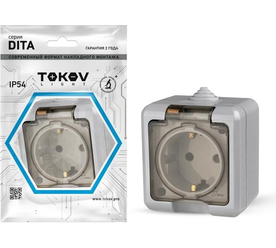 Изображение товара Розетка 1-м TOKOV ELECTRIC оп dita 16а ip54 250в с заземл. с прозр. крышкой сер. TKL-DT-R1Z-C06T-IP54