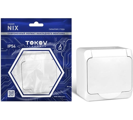 Изображение товара Розетка 1-м TOKOV ELECTRIC оп nix 16а ip54 250в с заземл. с крышкой бел. TKE-NX-R1Z-C01-IP54