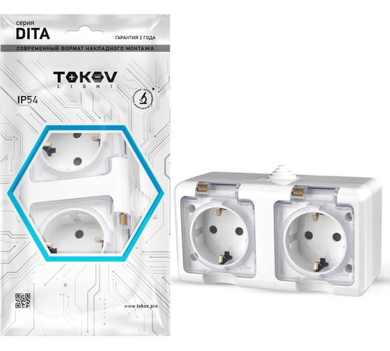 Изображение товара Розетка 2-м TOKOV ELECTRIC оп dita 16а ip54 250в с заземл. с прозр. крышкой бел. TKL-DT-R2Z-C01T-IP54