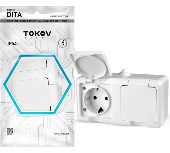 Изображение товара Розетка 2-м TOKOV ELECTRIC оп dita 16а ip54 250в с заземл. с крышкой бел. TKL-DT-R2Z-C01-IP54