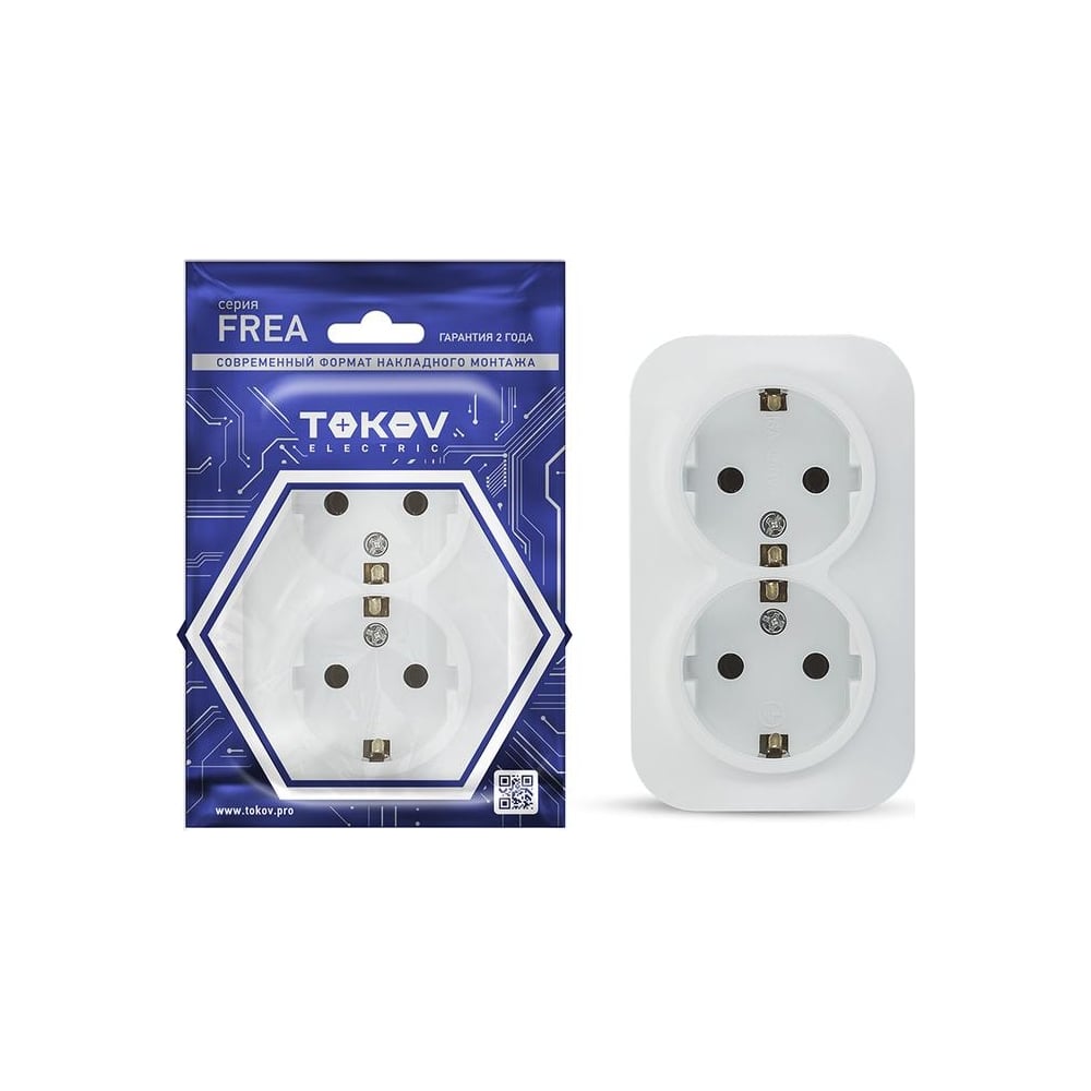 Изображение товара Розетка 2-м TOKOV ELECTRIC оп frea с заземлением 250В 16А белая