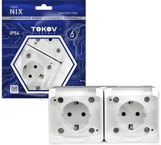 Изображение товара Розетка 2-м TOKOV ELECTRIC оп nix 16а ip54 250в с заземл. с прозр. крышкой бел. TKE-NX-R2Z-C01T-IP54