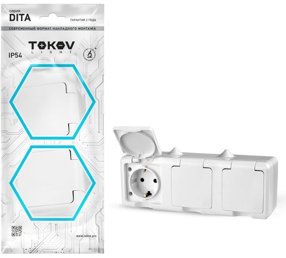 Изображение товара Розетка 3-м TOKOV ELECTRIC оп dita 16а ip54 250в с заземл. с крышкой бел. TKL-DT-R3Z-C01-IP54