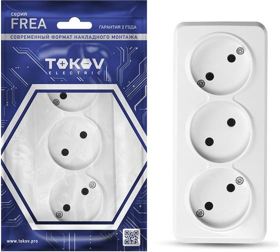 Изображение товара Розетка 3-м TOKOV ELECTRIC оп frea 16а ip20 250в без заземл. абс-пластик бел. TKE-FR-R3-C01