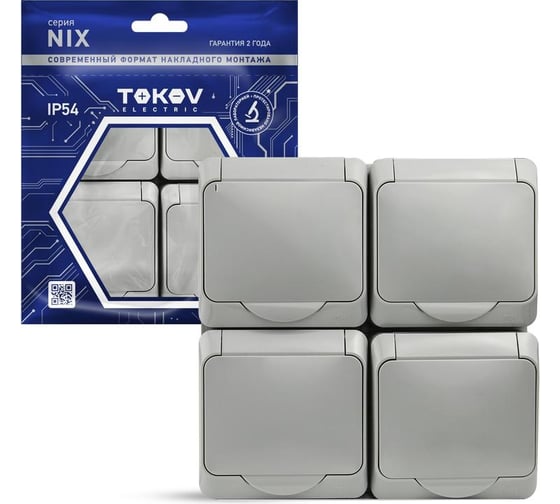 Изображение товара Розетка 4-м TOKOV ELECTRIC оп nix 16а ip54 250в с заземл. с крышкой сер. TKE-NX-R4Z-C06-IP54