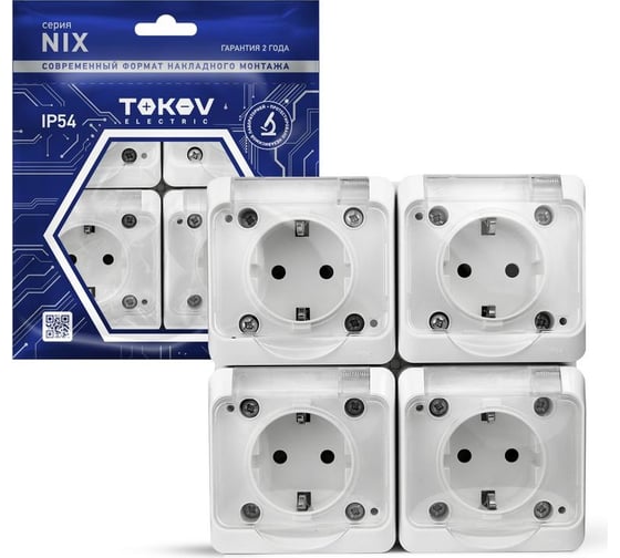 Изображение товара Розетка 4-м TOKOV ELECTRIC оп nix 16а ip54 250в с заземл. с прозр. крышкой бел. TKE-NX-R4Z-C01T-IP54