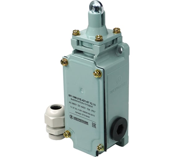 Изображение товара Путевой выключатель Электротехник ВП 19М-21Б-421-67 У2.15, четырехполюсный, толкатель с роликом, 1з и 3р, IP67 ET018436