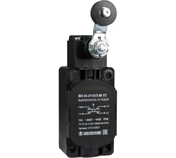Изображение товара Путевой выключатель Электротехник ВП 36-2118П-66 У2, рычаг с пластиковым роликом, 1з и 1р, безинерционный, 30x60 мм, без сальника, 3А, IP66 ET010887