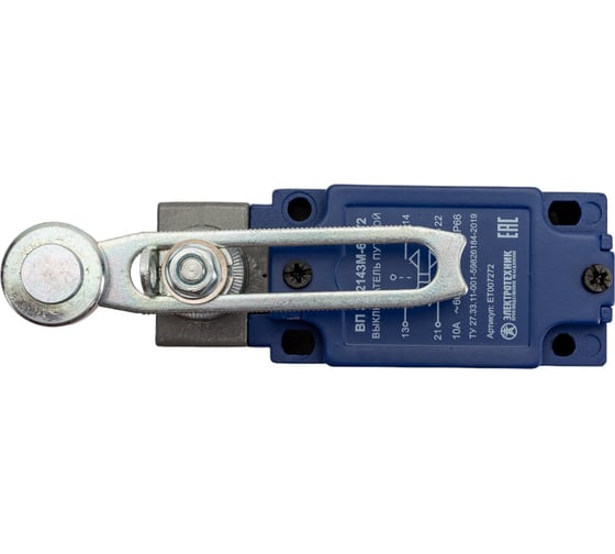 Изображение товара Путевой выключатель Электротехник ВП 36-2143М-66 У2, рычаг со стальным роликом, регулируемый по длине, 1з и 1р, безинерционный, 30x60 мм, без сальника, 3А, IP66 ET007272