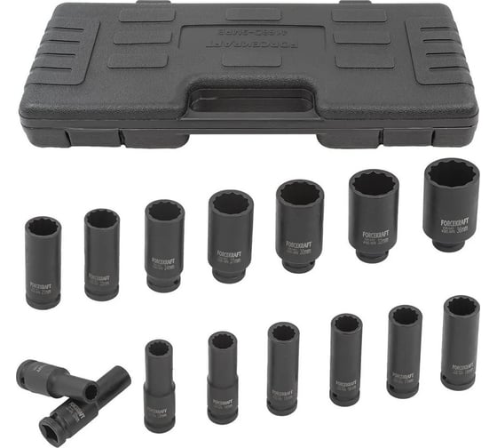 Изображение товара Набор головок 12-гранных ударных, глубоких, 15 предметов, 1/2" в пластиковом кейсе Forcekraft FK-4166D-9MPB(54559)