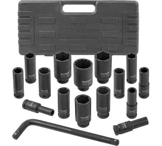 Изображение товара Набор ударных головок Forcekraft глубоких с Г-образным воротком 1/2''15+1 пр.(6-гр)(10, 12, 13-17, 19, 21, 22, 24, 27, 30, 32 мм, 36 мм-12 гр), в кейсе FK-4166A-5MPB(54597)