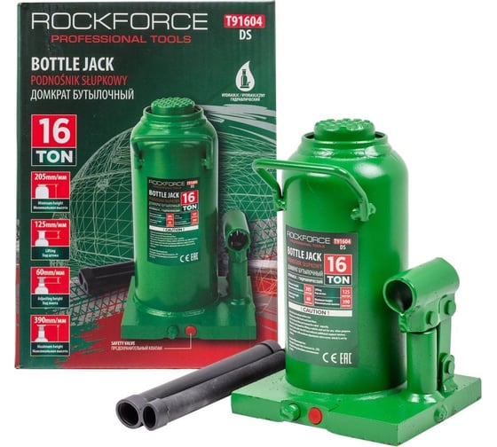 Изображение товара Бутылочный домкрат Rockforce 16 т, с клапаном, высота подхвата-205мм, высота подъема-390мм RF-T91604 (DS)(51785) RF-T91604 /DS/(51785)
