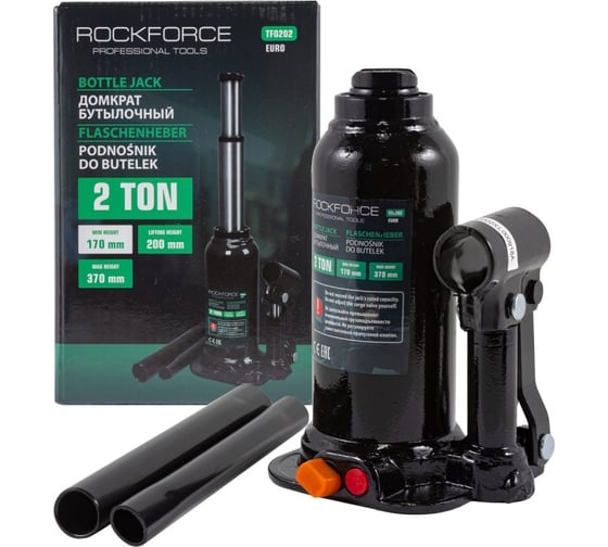 Изображение товара Бутылочный двухштоковый домкрат Rockforce 2 т, с клапаном, 170-370 мм, ход штока 160 мм RF-TF0202(BR)(Euro)