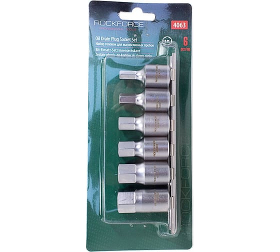 Изображение товара Набор 6-гранных головок для маслосливных пробок Rockforce 6 пр., 1/2", 8/10/12/14/17/19 мм RF-4063 RF-4063(1350)