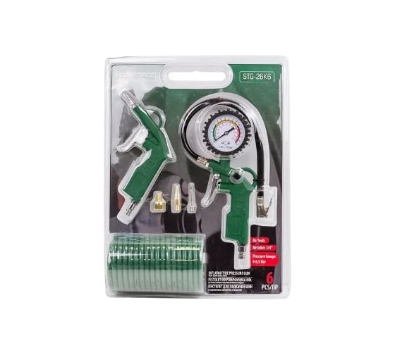 Изображение товара Пистолет для подкачки шин Rockforce с манометром в комплекте с пистолетом обдувочным и шлангом 0-8.5 Bar, шланг 5м, в блистере RF-STG-26K6(52801)