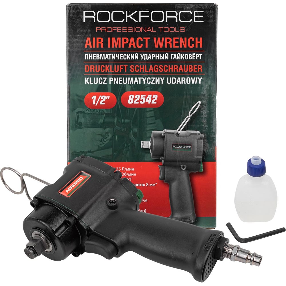 Изображение товара Ударный пневмогайковерт Rockforce Compact с реверсом и регулировкой усилия 1/2'' 600Hм, 8500 об/мин,6.3bar,113 л/мин,1.45кг RF-82542(11712)