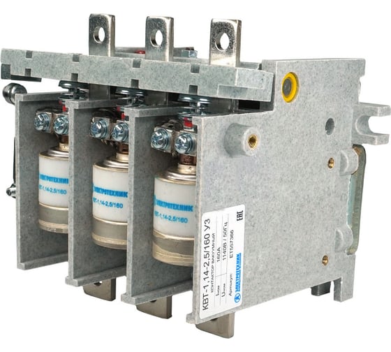 Изображение товара Вакуумный контактор Электротехник КВТ-1,14-2,5/160-3 У3, трёхполюсный, 220В,  AC/DC, 2з и1р, нереверсивный, без реле, IP00 ET557366