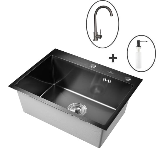 Изображение товара Комплект кухонная мойка из нержавеющей стали WISENT с pvd покрытием с сифоном, смесителем и дозатором w36045b-s (60x45 см) WS36045B/W02-114B/W405B/W4998-3-U