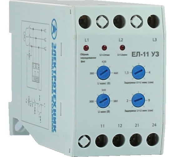 Изображение товара Реле контроля трехфазного напряжения Электротехник ЕЛ-11 У3, 400В, 3А, 1з и 1р, IP20 ET005071