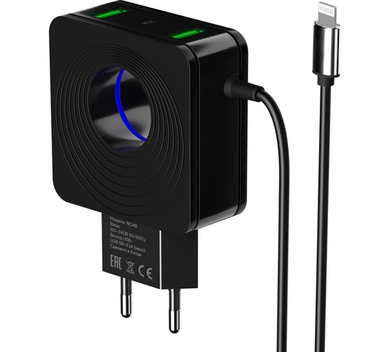 Изображение товара Сетевое зарядное устройство More Choice 2USB 2.1A для Lightning 8-pin со встроенным кабелем и LED подсветкой NC48i Black