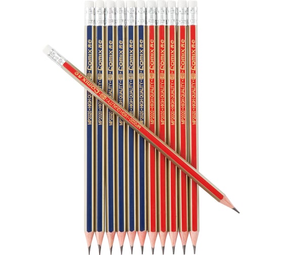 Изображение товара Чернографитный карандаш COMIX HB, с ластиком, шестигранный корпус ассорти 12 шт в упаковке MP2020