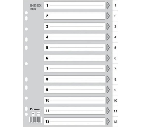 Изображение товара Набор разделителей листов COMIX А4, 12 листов, полипропилен 1-12 серый IX894