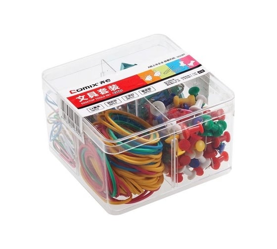 Изображение товара Офисный набор зажимов, кнопок, скрепок и резинок для денег COMIX разноцветные, 256 шт в упаковке B3645