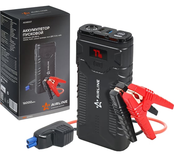 Изображение товара Пусковой аккумулятор Airline 16000 мАч, 59.2 Втч, 1000 А, 14.8 В, умные провода, пуск ДВС 5.0d, кейс AEAB007