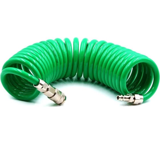 Изображение товара Шланг пневматический полиуретановый спиральный (5 м, 8х12 мм, быстросъем Rapid M+F сталь, 10-16 бар, зеленый) HQ-mech HQ-AH05-512GREEN УТ000002503