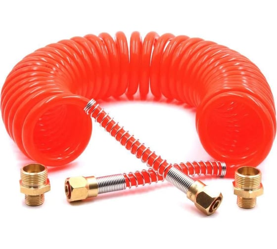 Изображение товара Шланг пневматический полиуретановый спиральный (10 м, 6.5х10 мм, наружная резьба M16x1.5/M18x1.5 латунь, 10-16 бар, красный) HQ-mech HQ-AH105-1010REDM1618-BR