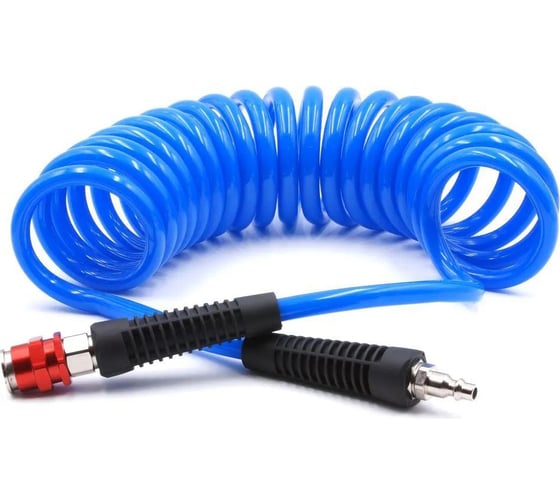 Изображение товара Шланг пневматический полиуретановый спиральный (5 м, 6.5х10 мм, быстросъем Rapid M+F латунь, 10-16 бар, синий) HQ-mech HQ-AH08-510BLUE УТ000002533