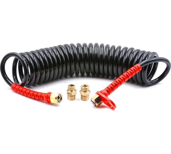 Изображение товара Шланг пневматический полиуретановый спиральный (7 м, 6.5х10 мм, наружная и внутренняя резьба M22x1.5 латунь, 10-16 бар, черный) HQ-mech HQ-AH104-710BLACKM22-BR