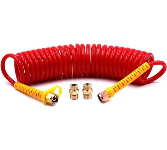 Изображение товара Шланг пневматический полиуретановый спиральный (10 м, 8х12 мм, наружная и внутренняя резьба M22x1.5 латунь, 10-16 бар, красный) HQ-mech HQ-AH104-1012REDM22-BR УТ000002599