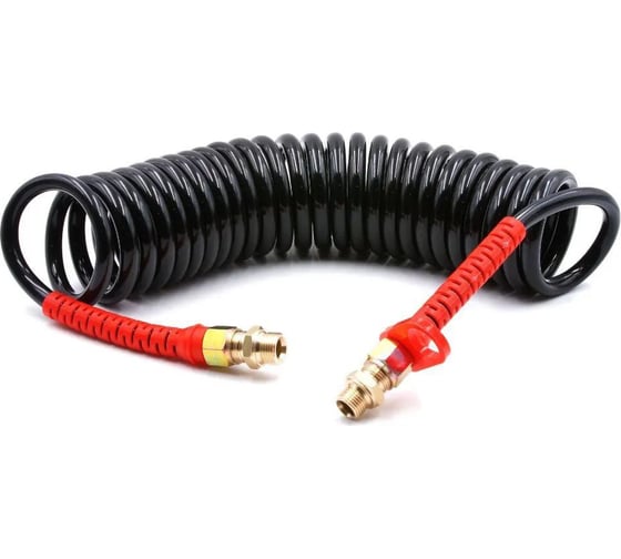 Изображение товара Шланг пневматический полиуретановый спиральный (7 м, 6.5х10 мм, наружная и внутренняя резьба M18x1.5 латунь, 10-16 бар, черный) HQ-mech HQ-AH103-710BLACKM18-BR