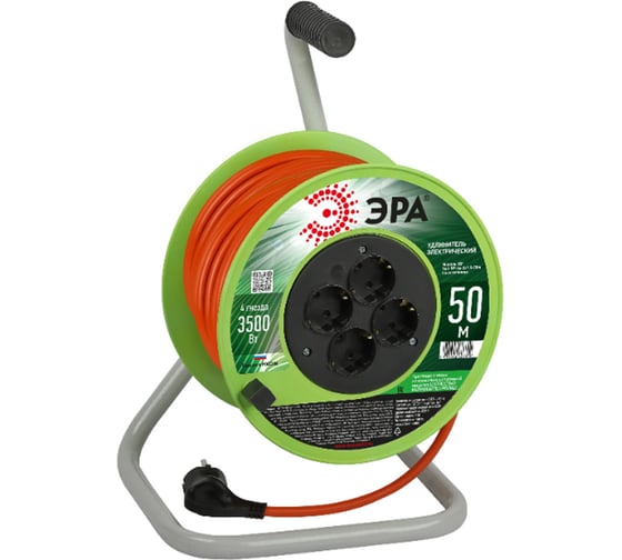 Изображение товара Силовой удлинитель ЭРА RP4e3x1.550m на пластиковой катушке, c заземлением, 4 розетки, 50м, ПВС, 3x1,5мм2 Б0056104