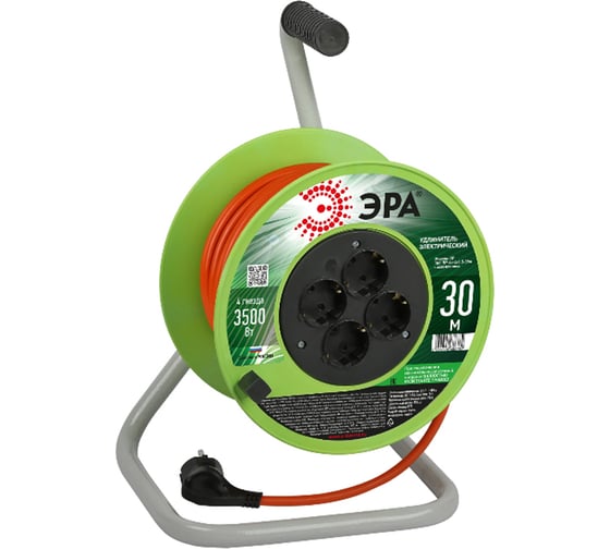 Изображение товара Силовой удлинитель ЭРА RP4e3x1.530m на пластиковой катушке, c заземлением, 4 розетки, 30м, ПВС, 3x1,5мм2 Б0056102