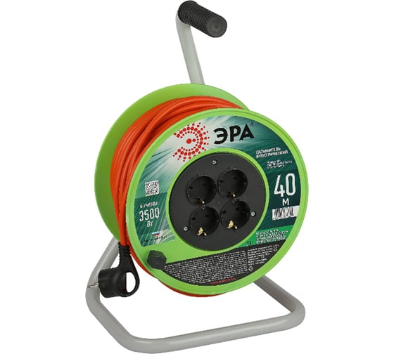 Изображение товара Силовой удлинитель ЭРА RP4e3x1.540m на пластиковой катушке, c заземлением, 4 розетки, 40м, ПВС, 3x1,5мм2 Б0056103
