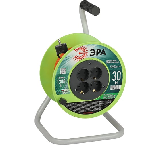 Изображение товара Силовой удлинитель ЭРА RP4e3x0.7530m на пластиковой катушке, c заземлением, 4 розетки, 30м, ПВС, 3x0,75мм Б0056097
