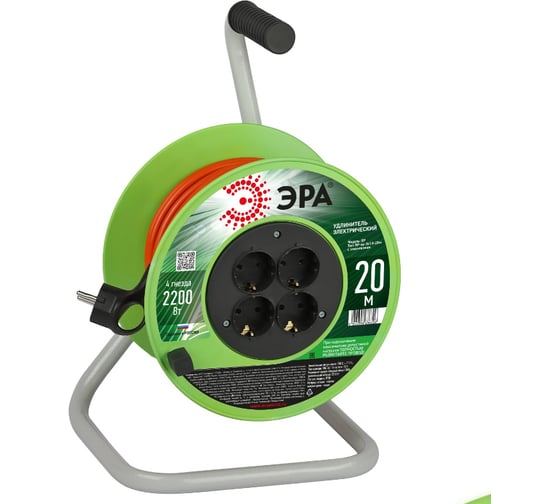 Изображение товара Силовой удлинитель ЭРА RP4e3x1.020m на пластиковой катушке, c заземлением, 4 розетки, 20м, ПВС, 3x1мм2 Б0056098