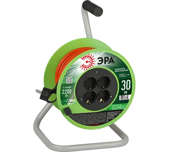 Изображение товара Силовой удлинитель ЭРА RP4e3x1.030m на пластиковой катушке, c заземлением, 4 розетки, 30м, ПВС, 3x1мм2 Б0056099