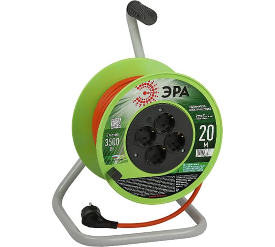 Изображение товара Силовой удлинитель ЭРА RP4e3x1.520m на пластиковой катушке, c заземлением, 4 розетки, 20м, ПВС, 3x1,5мм2 Б0056101