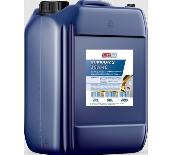 Изображение товара Моторное масло EUROLUB Supermax 10w40, 20 л, euro 5/6, acea e6/e7, api ci-4,.cummins ces 20076/ces 20077.man m 3477 mb 228.51.volvo vds-3 малозольное 323020