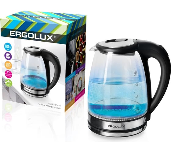 Изображение товара Стеклянный чайник Ergolux ELX-KG07-C72 черный, нержавеющая сталь, 2.0 л, 220-240В, 1700 Вт 15074